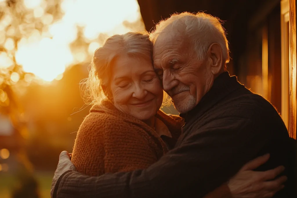 Older couple embracing outside their home in warm evening light